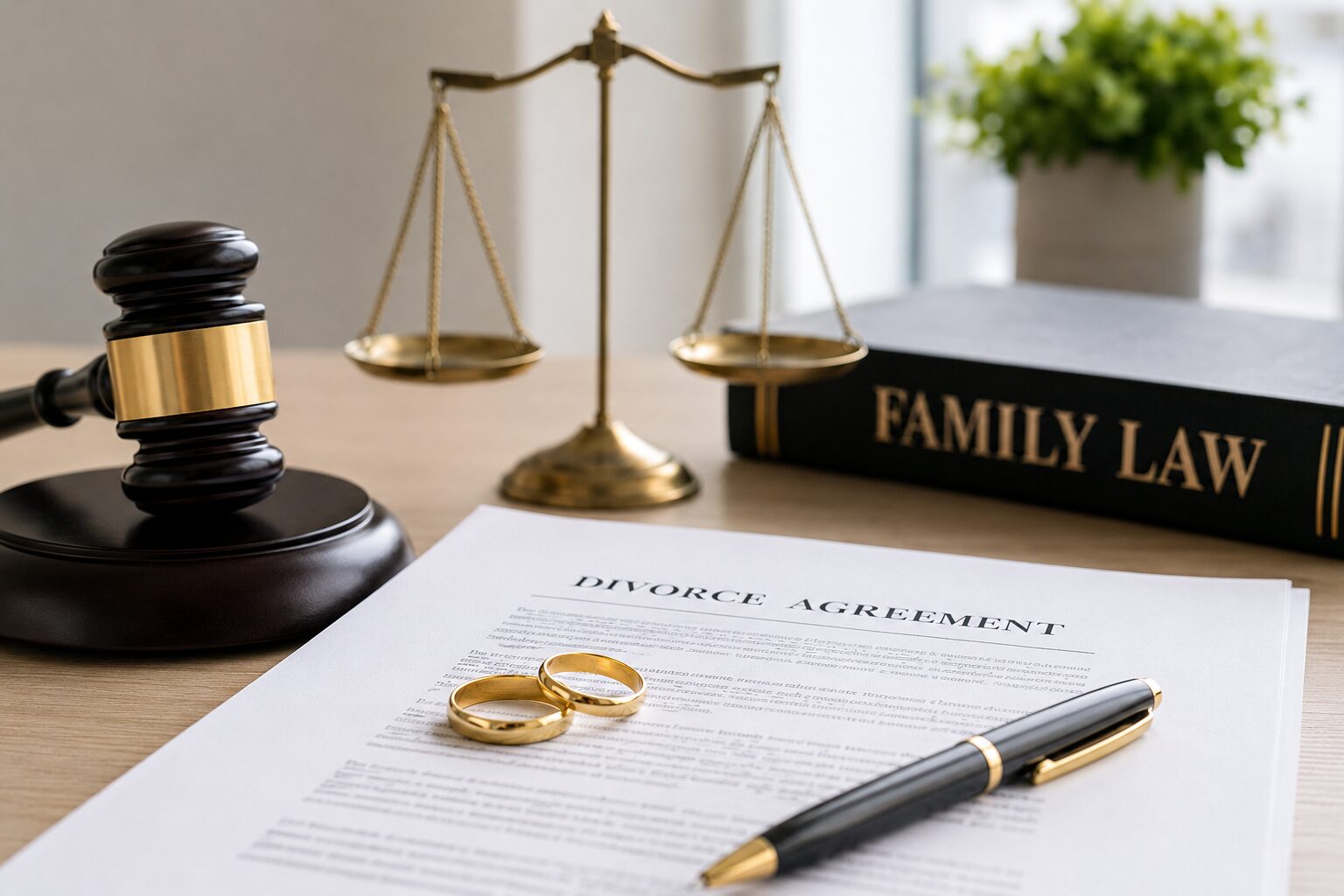 Divorce agreement with rings, gavel, and scales