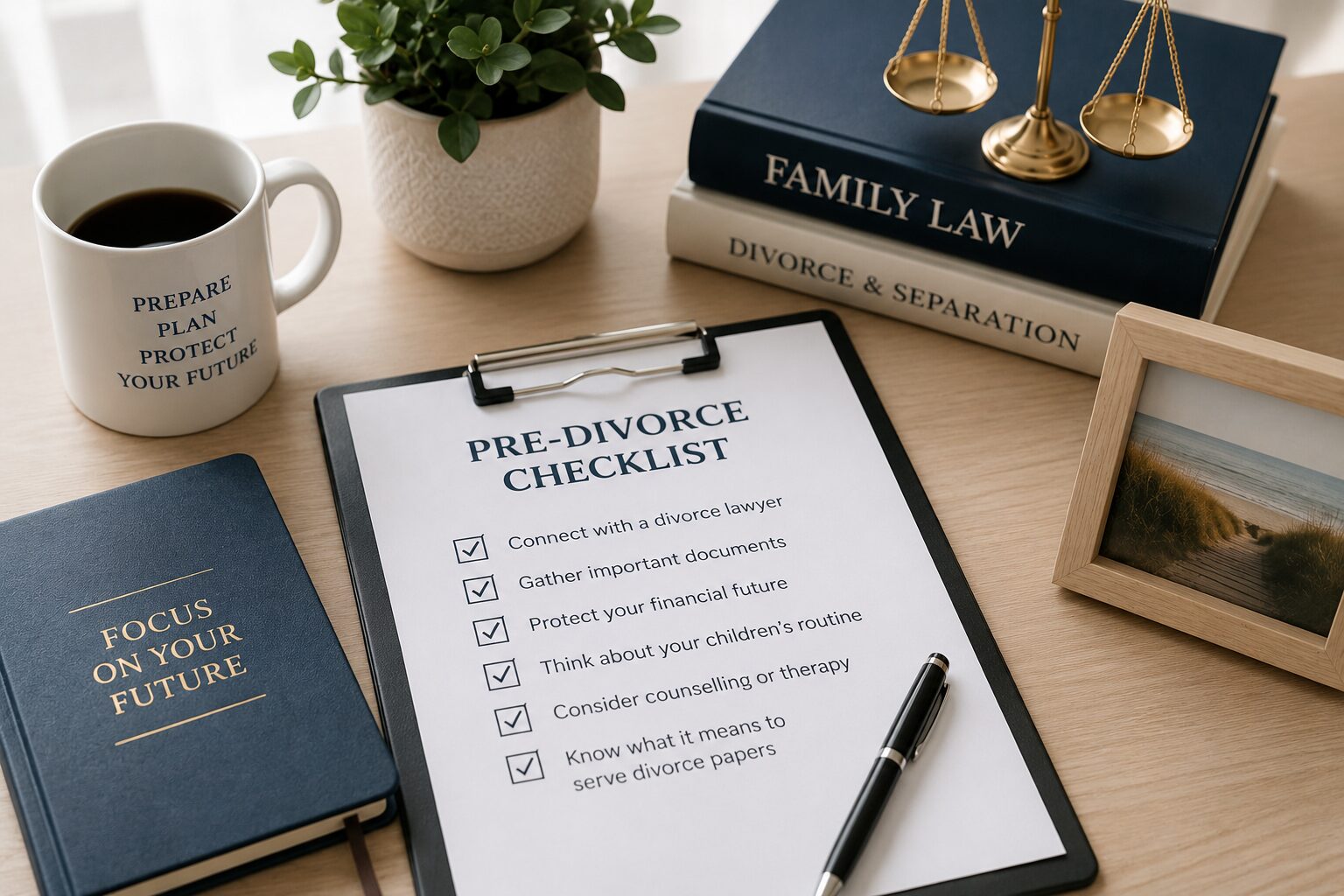 Pre-divorce checklist on desk with family law books