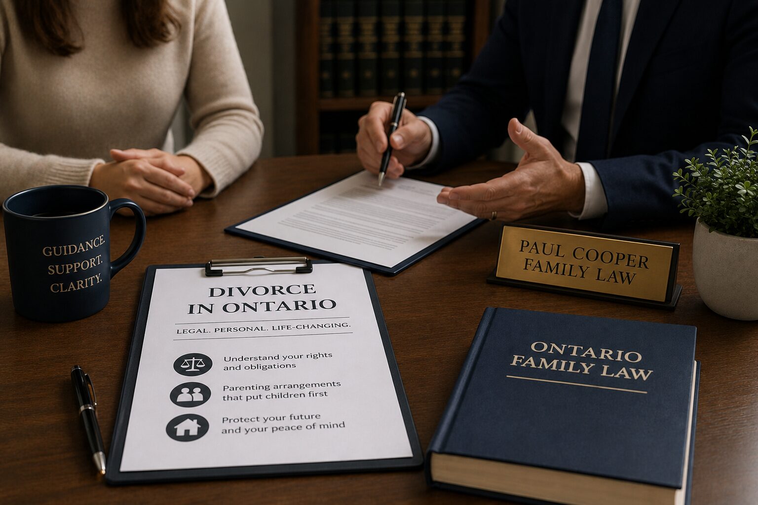 Lawyer consulting client about divorce in Ontario office