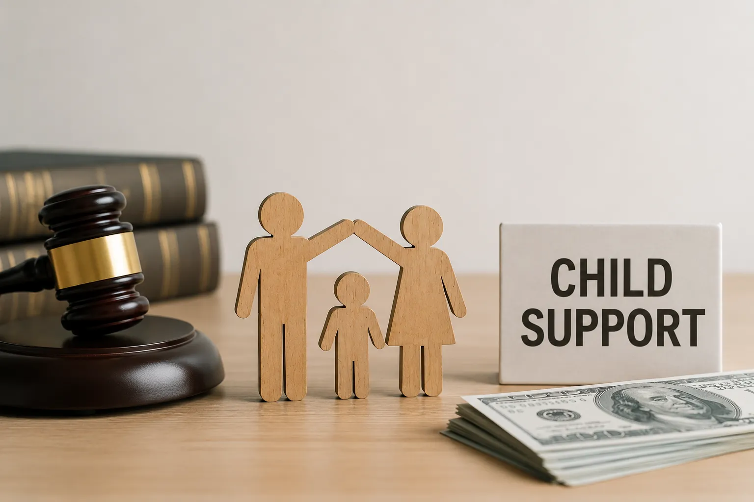 Gavel, family figurines, child support sign, and cash